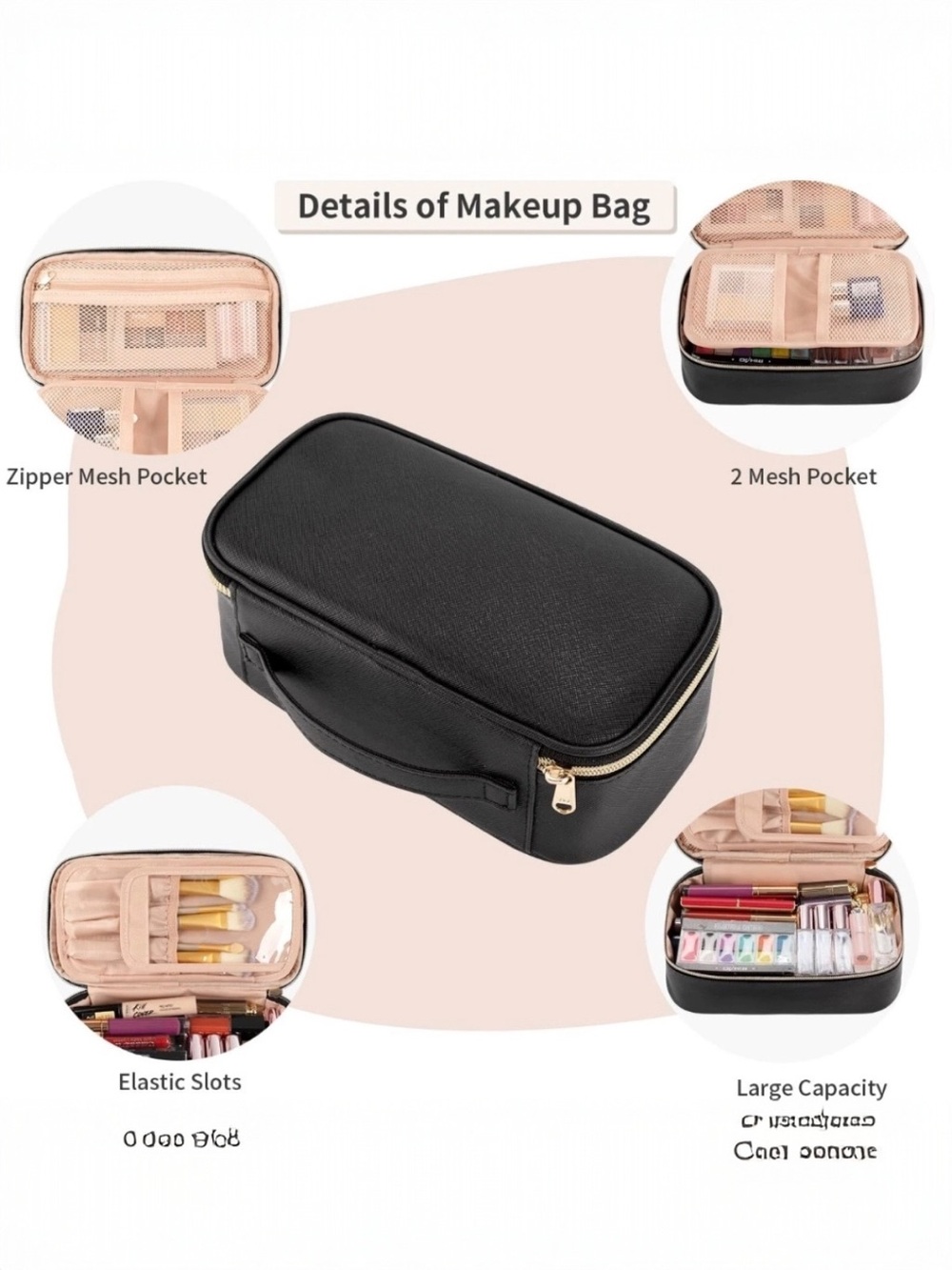 Black Travel Makeup Bag Cosmetic Organizer Toiletry Case Gold Zip - Picture 9 of 9